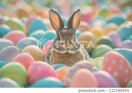AI-generated content. A rabbit is sitting in a pile of Easter eggs 112390459