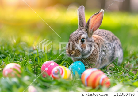 AI-generated content. A rabbit is sitting in a field of Easter eggs AI-generated content. A rabbit is sitting in a field of Easter eggs 112390486