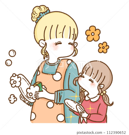 家長和孩子幫忙洗碗 112390652