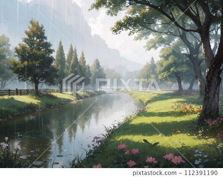 Rainy pond and park 112391190
