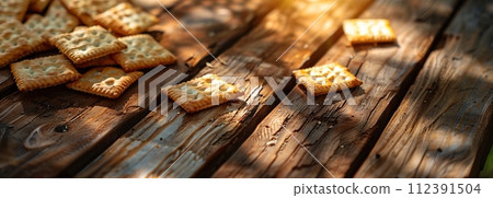 crackers wooden table, top view of wooden table in the soft sunlight, space for text with crackers on the table 112391504
