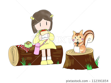 一個女孩和松鼠在森林裡吃午餐的插圖 一個女孩和松鼠在森林裡吃午餐的插圖 112391854