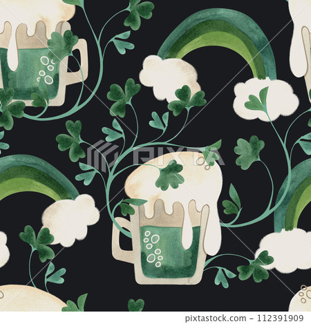 Seamless pattern with symbols of Ireland. Wrapping paper for St. Patrick's Day. Watercolor in vintage style on a black background. 112391909
