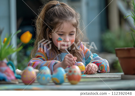 Close-up of a girl with face paint painting her face on an Easter egg 112392048
