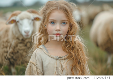 Cute girl standing with sheep on green grass at field 112392151