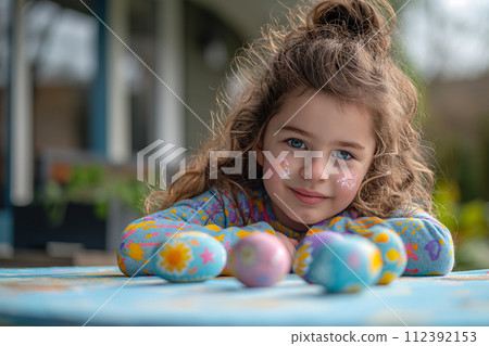 Close-up of a girl with face paint painting her face on an Easter egg 112392153