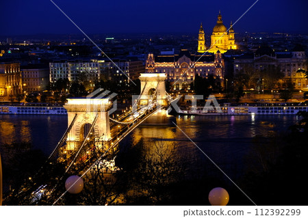 Budapest illuminated chain bridge Budapest illuminated chain bridge 112392299