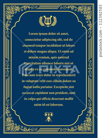 Gold ornament on dark background. Can be used as invitation card. Book cover. Vector illustration 112392583