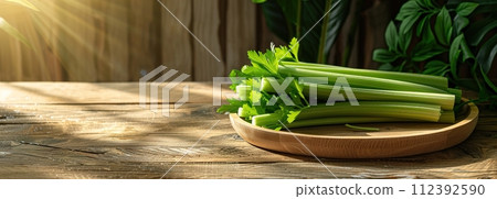 Top view of a rustic wooden table bathed in soft sunlight, featuring celery on a wooden plate, with space for text - perfect for healthy eating themes. 112392590