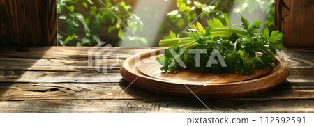Top view of a rustic wooden table bathed in soft sunlight, featuring celery on a wooden plate, with space for text - perfect for healthy eating themes. 112392591