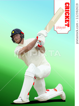 Cricket player batsman on white-green  background. 3d color vector illustration 112392619