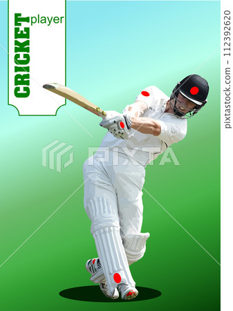 Cricket player batsman on white-green background. 3d color vector illustration Cricket player batsman on white-green background. 3d color vector illustration 112392620