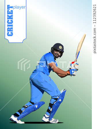 Cricket player batsman on white-green background. 3d color vector illustration Cricket player batsman on white-green background. 3d color vector illustration 112392621