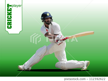 Cricket player batsman on white-green  background. 3d color vector illustration 112392622