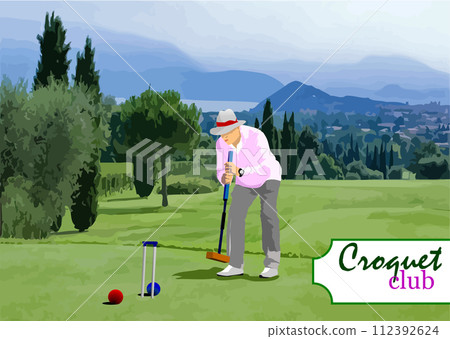 A croquet player about to strick the ball. 3d color vector illustration A croquet player about to strick the ball. 3d color vector illustration 112392624