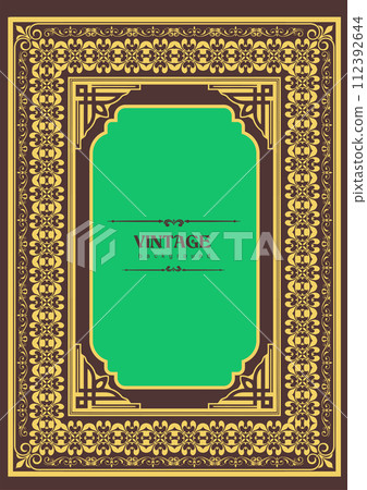 Gold ornament on dark background. Can be used as invitation card. Book cover. Vector illustration 112392644