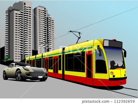 Gray car coupe and city tram on the road. Vector 3d illustration Gray car coupe and city tram on the road. Vector 3d illustration 112392659