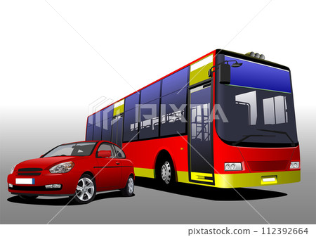 Red car sedan and city bus on the road. Vector 3d illustration Red car sedan and city bus on the road. Vector 3d illustration 112392664