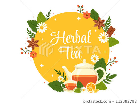 Herbal Tea Vector Illustration with Chamomile Leaves of Health Drink Green and Mixture of Flowers to Increase Endurance in Flat Cartoon Background 112392798