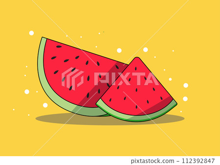 Cartoon vector illustration of a bright red watermelon cut into halves. artwork captures the juicy freshness of the watermelon with its vibrant colors . Perfect for cartoon illustrations and vector 112392847
