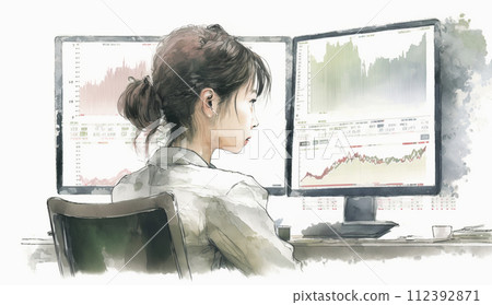 一位女性交易員在辦公桌前操作交易畫面的個人資料。 一位女性交易員在辦公桌前操作交易畫面的個人資料。 112392871