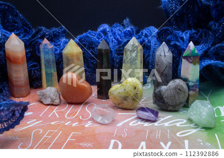 Healing chakra crystals background Wicca, meditation collection Healing chakra crystals background Wicca, meditation collection 112392886