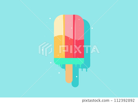 Illustration of a vibrant array of Popsicle sticks, each adorned with colorful sprinkles. Backdrop of cool, icy swirls. Perfect for cartoon artwork, vector illustrations, and summertime designs 112392892