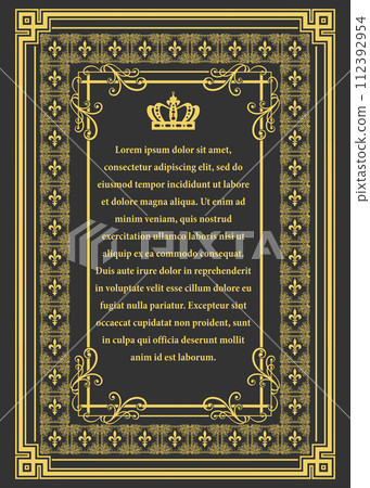 Gold ornament on dark background. Can be used as invitation card. Book cover. Vector illustration 112392954
