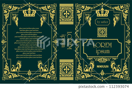 Cover book for medieval novel. Old retro ornament frames. Royal Golden style design. Vintage Border to be printed on the covers of books. Vector illustration Cover book for medieval novel. Old retro ornament frames. Royal Golden style design. Vintage Border to be printed on the covers of books. Vector illustration 112393074