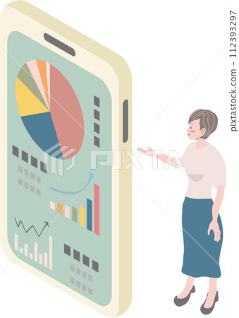 Illustration material of a woman looking at stocks and rising charts on a smartphone Illustration material of a woman looking at stocks and rising charts on a smartphone 112393297