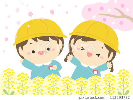 可愛的幼兒園男孩和女孩享受入學儀式和櫻花的春天插圖 可愛的幼兒園男孩和女孩享受入學儀式和櫻花的春天插圖 112393782