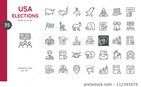 USA Elections Icons Set. Editable Stroke Illustrations of United States US President or Congress Elections, Voting Ballot, Voting Ballot Box, Politic Party, Monitoring. Isolated Outline Vector Signs.	 112393878