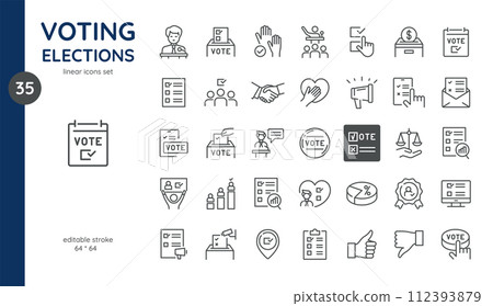 Election Icons Set: Thin Linear Illustrations of Voting Processes, Election Rallies, Presidential Candidates, Voting Ballots, Ballot Boxes, Poll Voters, Mobile Voting Systems, Observation, and Results 112393879