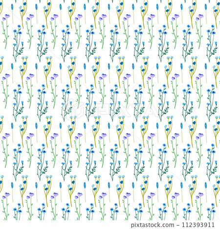 Seamless floral pattern. Endless botanical background. Fresh spring flowers and wildflowers, repeating print. Simple natural texture for textile design, fabric. Colorful graphic vector illustration.. 112393911