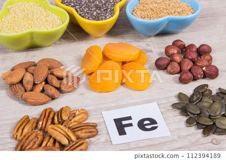Healthy ingredients as source iron, vitamins and minerals. Best food in fight against anemia 112394189