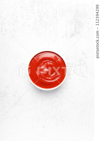 Tomato paste, sauce, ketchup with copy space on white background, top view 112394299