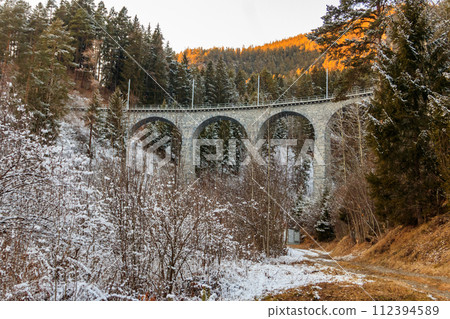 View of Landwasser Viaduct, Rhaetian railway, Graubunden in Switzerland at winter 112394589