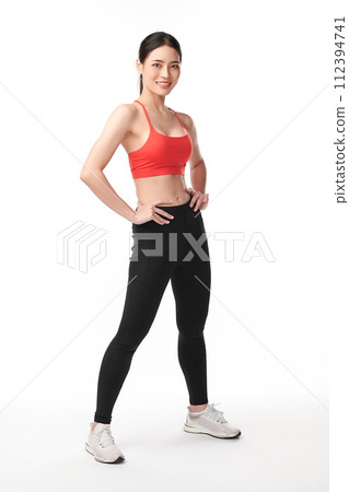 Beautiful young asian sport woman with sportswear ready for exercise on white background, Advertising sportswear and yoga wear, Healthy lifestyle, sport. 112394741
