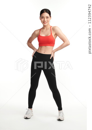 Beautiful young asian sport woman with sportswear ready for exercise on white background, Advertising sportswear and yoga wear, Healthy lifestyle, sport. 112394742