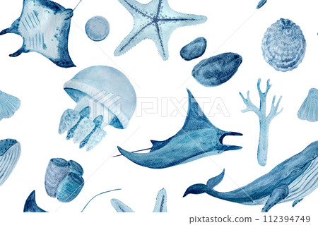 Watercolor hand-drawn purple monochromatic seamless pattern isolated on white. Blue whale, a manta ray, shells, a starfish ,a polyp and a coral 112394749