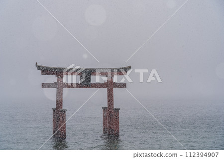 A photo taken on a day when the birds are falling at Shirahige Shrine floating on Lake Biwa in Takashima City, Shiga Prefecture. 112394907