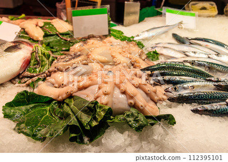 Octopus and fish for sale in a fish market 112395101