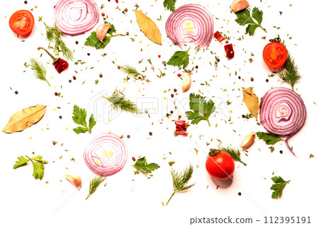 Background from spices and seasonings. Culinary screensaver. Spices and vegetables on a white background. Flat lay. Background from spices and seasonings. Culinary screensaver. Spices and vegetables on a white background. Flat lay. 112395191