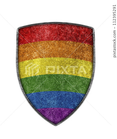 Colorful rainbow metal shield isolated on white background Colorful rainbow metal shield isolated on white background 112395291