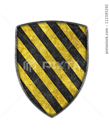 Old metal black and yellow striped shield isolated on white background 112395292