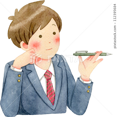 Watercolor illustration of a male student (junior high school/high school student) thinking while spinning a pen 112395684