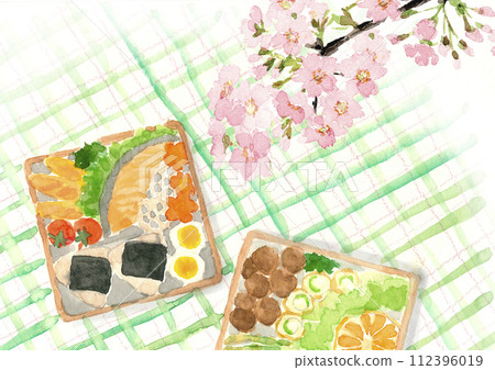 Cherry blossoms painted in watercolor and a delicious lunch box Illustration of cherry blossom viewing [Hand-drawn] Copy space included 112396019