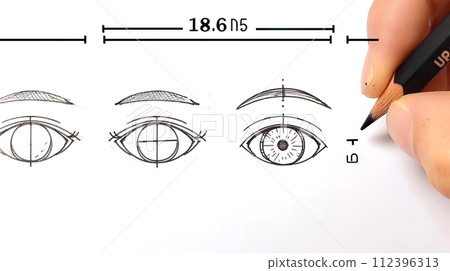 Hand sketching different stages of an eye drawing with a pencil on white paper 112396313