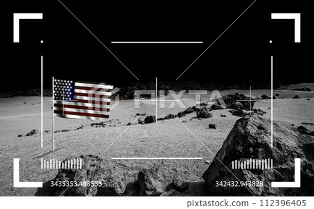 Black planet landscape through viewfinder of Moon rover. Cosmic scene  112396405