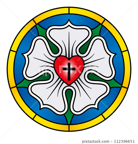 Luther rose, symbol of Lutheranism. Luther seal, expression of theology and faith of Martin Luther, consisting of a Roman cross, over a red heart, in a single white rose over blue, with a golden ring. Luther rose, symbol of Lutheranism. Luther seal, expression of theology and faith of Martin Luther, consisting of a Roman cross, over a red heart, in a single white rose over blue, with a golden ring. 112396651